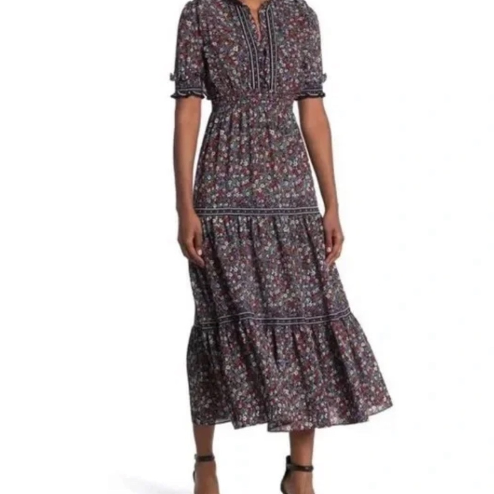 MAX STUDIO Tiered Navy Floral Midi Dress Size Small